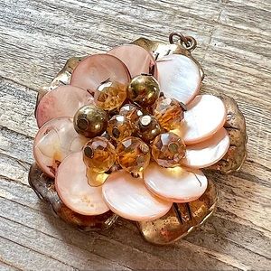 VINTAGE PENDANT or BROOCH Beads & Mother of Pearl Floral Design